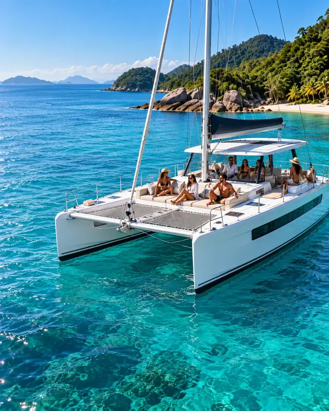 Catamarã de passeio com grupo a bordo